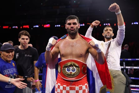 Filip Hrgovic with the title belt after victory over Moses Itauma.