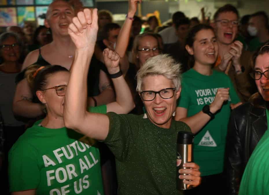 The Greens' Queensland Senate candidate Penny Allman-Payne celebrates election results on May 21, 2022 in Brisbane, Australia. 
