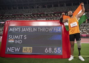 India’s Sumit Antil sets a World Record of 68.55 meters and wins the gold medal during the men’s javelin F44.