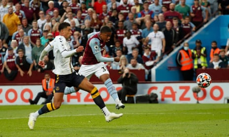 Leon Bailey scores Aston Villa’s third goal in his 21-minute appearance against Everton