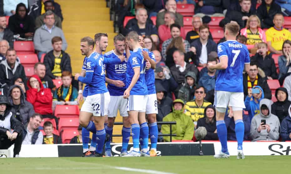 Jamie Vardy celebrates scoring Leicester’s second goal at Watford