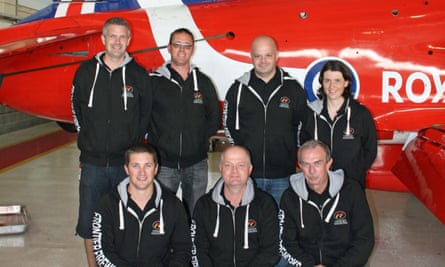 The Frontier Fireworks team pose for a photo in front of one of the Red Arrows planes, in 2014. Chris is back left.