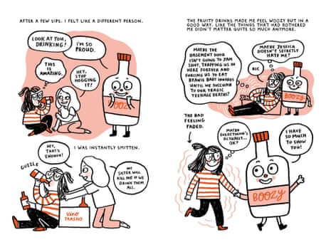 Illustrations showing women drinking and a bottle of ‘Boozy’ with speech bubbles