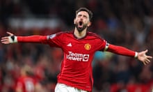 Manchester United v Newcastle United - Premier League<br>MANCHESTER, ENGLAND - MAY 15: Bruno Fernandes of Manchester United celebrates during the Premier League match between Manchester United and Newcastle United at Old Trafford on May 15, 2024 in Manchester, England.(Photo by Robbie Jay Barratt - AMA/Getty Images)