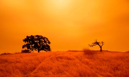 An orange sky filled with wildfire smoke hangs above hiking trails at the Limeridge Open Space in Concord, California.