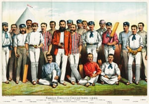 Walter Gilbert (sixth left) is included in a lithographic portrait entitled ‘Famous English Cricketers, 1880’. Also pictured are James Lillywhite (left) and WG Grace (ninth left).