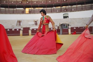 Antonio wearing his Traje De Luces and practising with his Muleta, within in the Malaga bullring, 2 March 2023