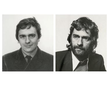 Black and white passport photos of Dudley Moore from 1967 and 1975