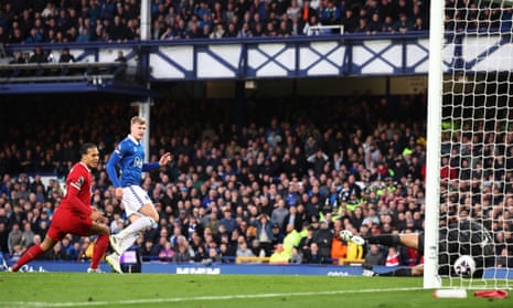 Everton’s Jarrad Branthwaite scores their side’s first goal of the game during the Premier League match against Liverpool.