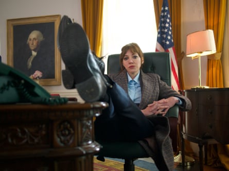 Cunk on Earth. Philomena with her feet on a desk in a presidential style office.