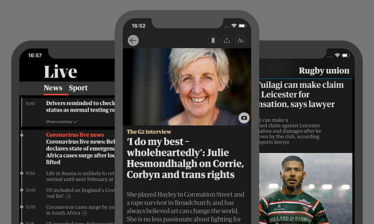 ‘Dark mode’ screens from the Guardian live app