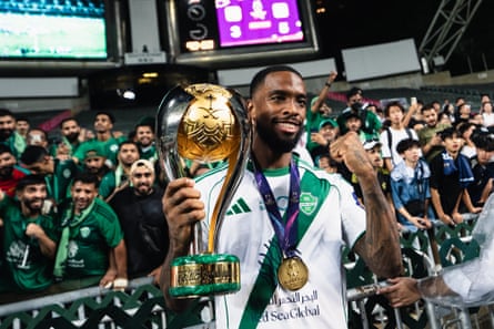 Ivan Toney celebrates after Al-Ahli won the Saudi Super Cup final against Al-Nassr.