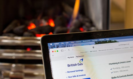 The British Gas website in a UK home with a coal effect gas fire burning in the fireplace