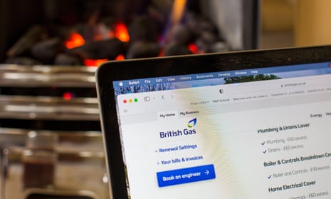 The British Gas website in a UK home with a coal effect gas fire burning in the fireplace.