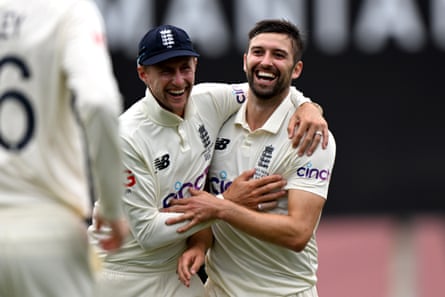 Mark Wood with Joe Root after taking the wicket of Steve Smith in 2022