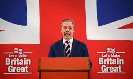 Nigel Farage at a press conference in London on 20 March 2023. He speaks in front of a large union flag,  emblazoned with the slogan 'Let's make Britain great'