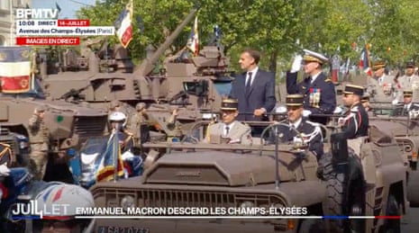 French president Emmanuel Macron inspects the troops ahead of the 2026 Bastille Day parade