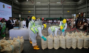 Sri Lankan police officers prepare to destroy a haul of seized cocaine in Katunayaka, on the outskirts of Colombo, Sri Lanka. on 15 January 2018. 4740.jpg?w=300&q=55&auto=format&usm=12&f