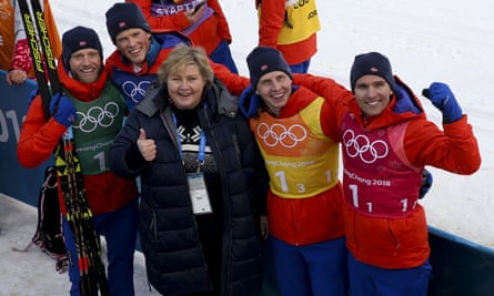 The prime minister, Erna Solberg, congratulates Norway’s gold medallists in the men’s 4x10km relay cross-country skiing in Pyeongchang.