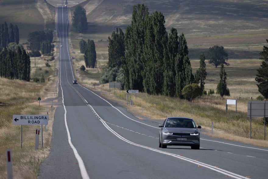 The Ioniq 5 Hybrid on the long straight stretch of the Monaro Highway between Bredbo and Cooma known as the Billilingra Strait.