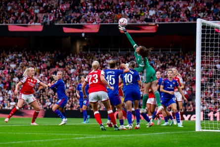 Phallon Tullis-Joyce leaping up to make a crucial save to keep Arsenal at bay.