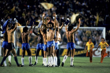 The victorious Brazil players wave to the crowd after beating Scotland.