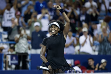 Venus Williams twirls after defeating Peyton Stearns at the Washington Open in July.