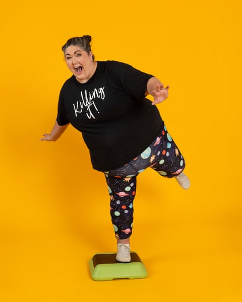 Portrait of Becky Scott balancing on a workout step. Makeup: Dayna Leigh. Hair: Hannah Atkins