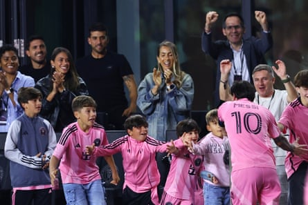 Lionel Messi #10 of Inter Miami CF celebrates with his family after scoring the team’s third goal during the CONCACAF Champions Cup 2025 Quarter-final second leg match between Inter Miami CF and Los Angeles Football Club at Chase Stadium on April 09, 2025 in Fort Lauderdale, Florida.
