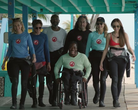 Rachel Riley and Ade Adepitan with the other celebs in Shark! Celebrity Infested Waters.