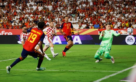 Spain's Lamine Yamal scores their third goal.