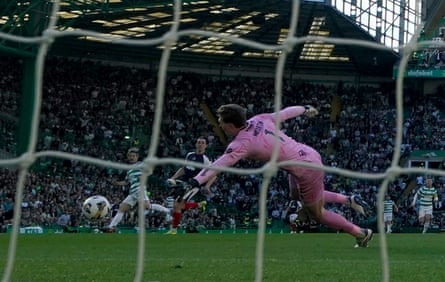Daizen Maeda scores Celtic’s first against Falkirk.
