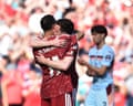 Premier League - Liverpool v BrentfordSoccer Football - Premier League - Liverpool v Brentford - Anfield, Liverpool, Britain - May 24, 2026
Liverpool's Mohamed Salah embraces Andrew Robertson as he walks off the pitch after being substituted REUTERS/Peter Powell EDITORIAL USE ONLY. NO USE WITH UNAUTHORIZED AUDIO, VIDEO, DATA, FIXTURE LISTS, CLUB/LEAGUE LOGOS OR 'LIVE' SERVICES. ONLINE IN-MATCH USE LIMITED TO 120 IMAGES, NO VIDEO EMULATION. NO USE IN BETTING, GAMES OR SINGLE CLUB/LEAGUE/PLAYER PUBLICATIONS. PLEASE CONTACT YOUR ACCOUNT REPRESENTATIVE FOR FURTHER DETAILS..