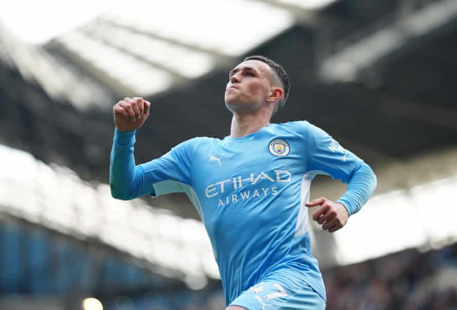 Phil Foden of Manchester City celebrates scoring their side’s fourth goal.