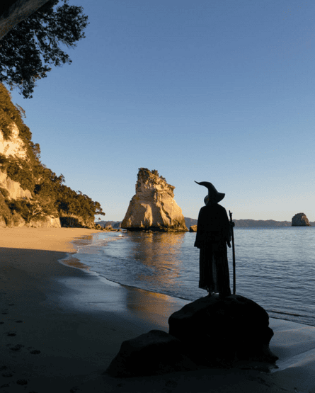 Gandalf at Cathedral Cove, New Zealand.