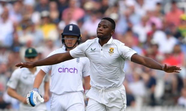 Kagiso Rabada celebrates taking the wicket of Zak Crawley