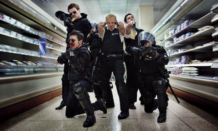 Braying … Considine, front left, in Hot Fuzz with Rafe Spall, Simon Pegg, Nick Frost and Olivia Colman.