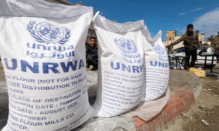 Bags of flour to be distributed by Unrwa in Rafah.