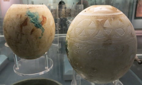 Decorated ostrich eggs on display at the British Museum in London.