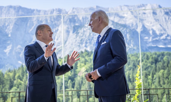 German Chancellor Olaf Scholz welcomes US President Joe Biden, for a bilateral meeting at Castle Elmau in Bavaria, Germany.