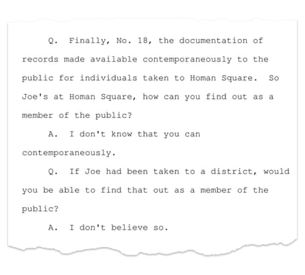 Chicago attorney Julia Bartmes comments: “There is no accessible lobby or desk officer at Homan Square. I usually had to know the name of the officer that had picked up my client, and ask to speak to that officer to verify my client’s location.”