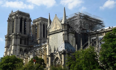 A view of scaffolding on Notre Dame Cathedral as repairs take place