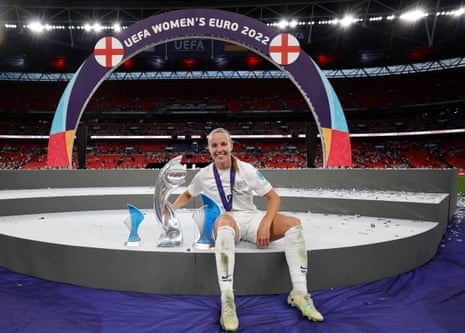 Beth Mead poses with the Euro 2022 trophy after the final, which England won 2-1 against Germany