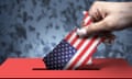 promotional artwork with a hand placing the outline of the USA coloured with its flag into a ballot box