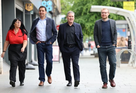 Keir Starmer with the Scottish Labour leader, Anas Sarwar, and the Labour candidate for the possible Rutherglen and Hamilton West byelection, Michael Shanks (right), during a visit to Rutherglen, South Lanarkshire today.
