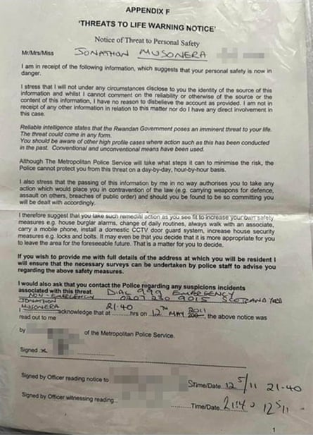 A letter from the Met police to Jonathan Musonera.