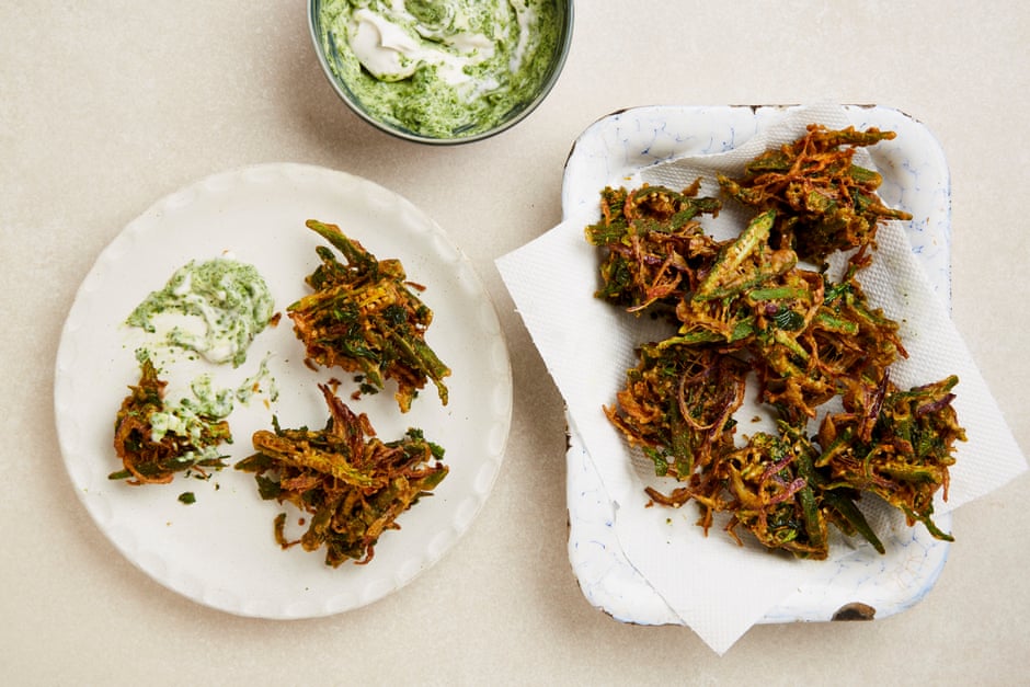 Yotam Ottolenghi’s okra and red onion bhajis with mint yoghurt.