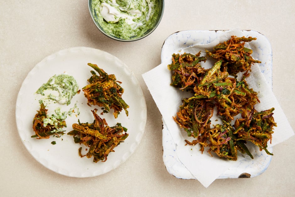Yotam Ottolenghi’s okra and red onion bhajis with mint yoghurt.