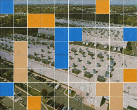 a collage of squares and an aerial view of a datacentre