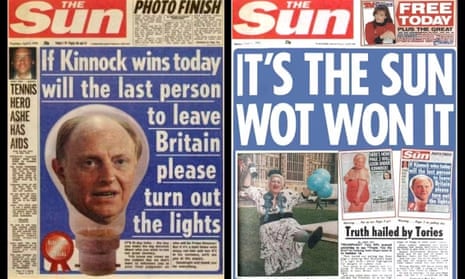 Two front pages from the Sun, one headlined 'If Kinnock wins today will the last person to leave Britain please turn out the lights', the other 'It's the Sun wot won it'.